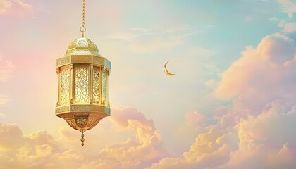 Obraz premium Ramadan Lantern Hanging Against a Serene Cloudy Sky with Crescent Moon