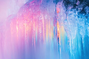 Mountain waterfall frozen in time with prismatic light refraction composition and vertical panorama on long exposure capture