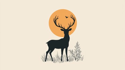Silhouette of a Deer with Antlers Against a Rising Orange Sun