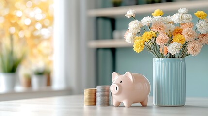 Piggy bank, coins, flowers, home saving, financial planning