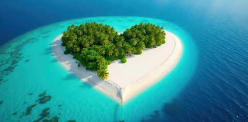 Heart-shaped isle, white sand beaches, vibrant coral reefs, heart, sun