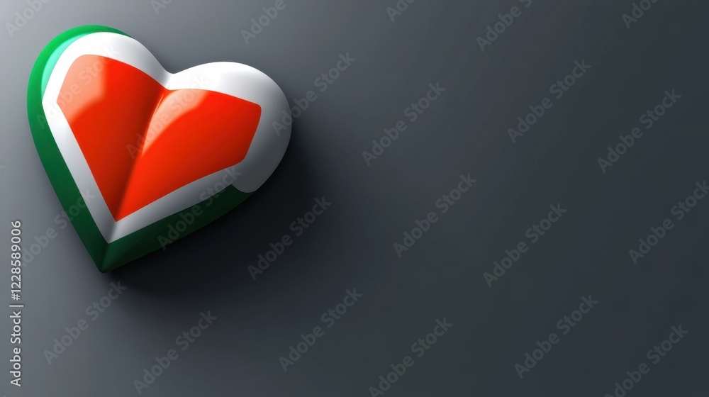 Poster abstract 3d render of a heart shaped object with green white and orange color scheme on dark gray ba