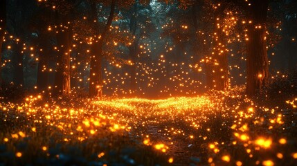 Obraz premium Magical Forest Filled with Glowing Lights and Sparkling Fireflies at Night in a Serene Natural Landscape