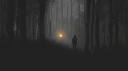 Mysterious figure standing in dark forest illuminated by lantern