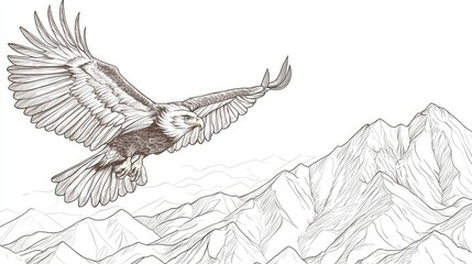 Majestic Eagle Soaring Above Mountain Range in Detailed Illustration