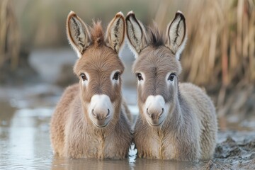 Fototapeta premium Two Cute Mediterranean Mini Donkeys at Duck Pond on Texas Farm in Winter