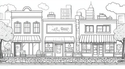 Naklejka premium Black and White Illustration of Urban Shops with Detailed Architecture