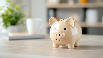 Piggy bank on desk, saving money, home office background, financial planning