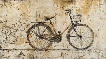 Hand-drawn vintage bicycle illustration on textured wall background