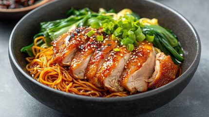 Delectable Teriyaki Chicken Noodle Bowl: A close-up shot of a steaming bowl of noodles topped with succulent teriyaki chicken, fresh greens, and a sprinkle of sesame seeds.