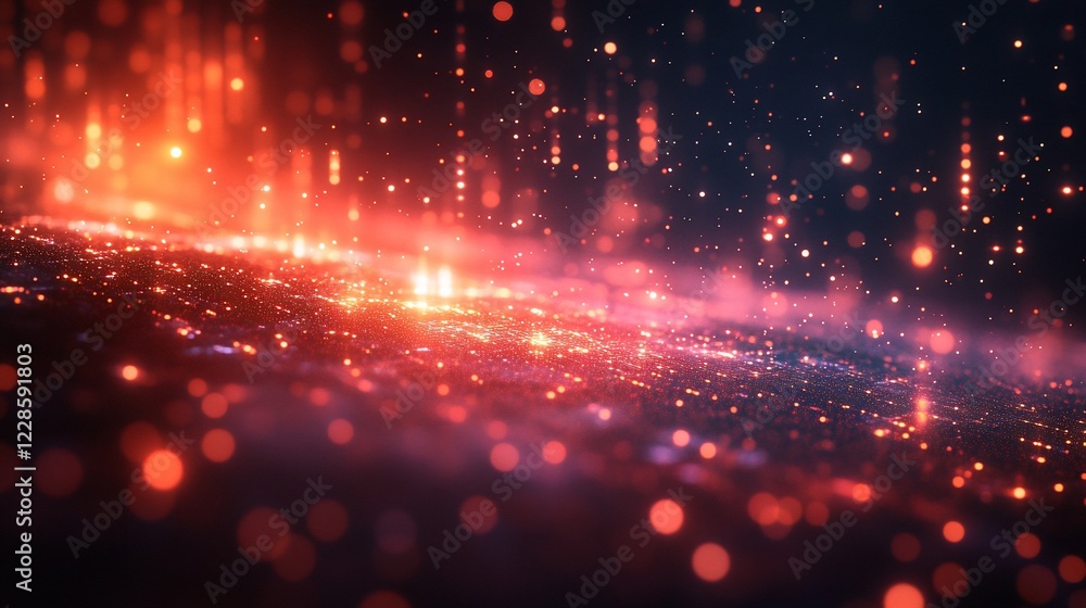 Poster abstract red galaxy with glowing particles and bokeh.