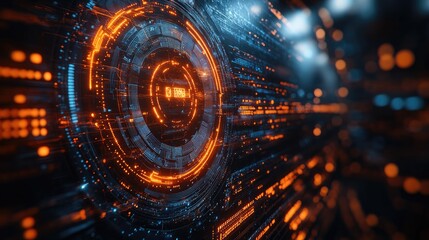 Futuristic digital interface with glowing orange and blue elements, showcasing data flow and technology