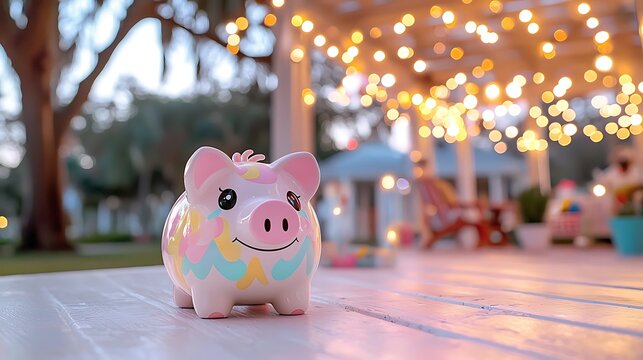Piggy bank on patio at night, lights, savings - Powered by Adobe