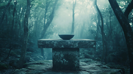 Ancient stone altar in misty forest with ceremonial bowl, symbolizing ancient rituals and spiritual connection to nature, evoking mystery and historical traditions.