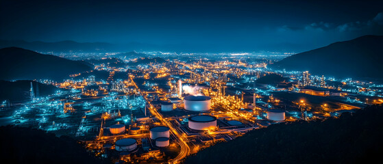 Obraz premium Night refinery, mountain valley, energy production