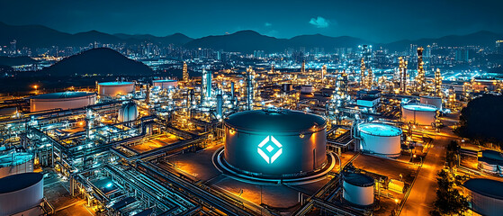 Obraz premium Night Refinery, Cityscape, Industrial Production
