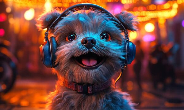Happy small dog wearing headphones, enjoying music in a vibrant urban nightlife scene