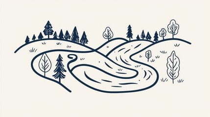 Serene River Flowing Through Rolling Hills Surrounded by Trees