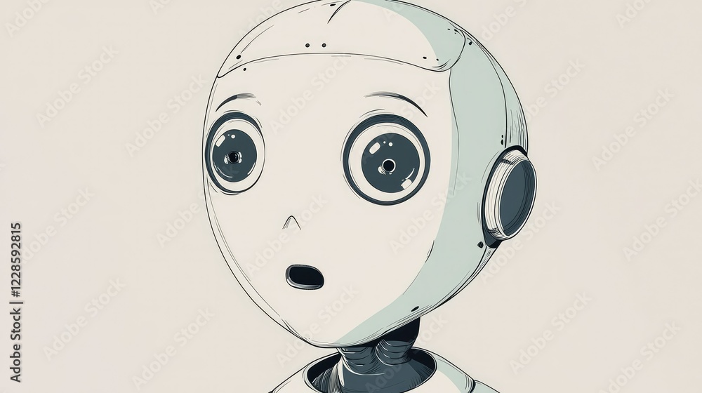 Poster surprised robot character with large eyes and minimalistic design