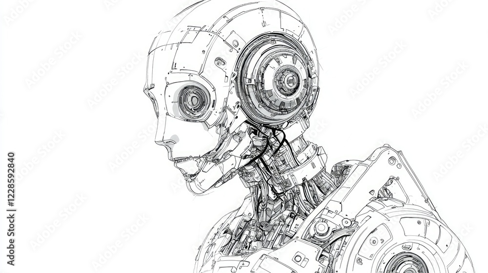 Poster futuristic robot design with intricate mechanical features and lines