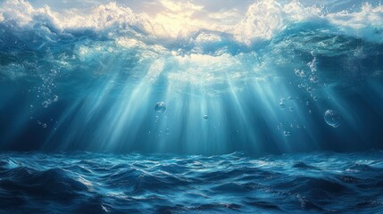 Realistic Underwater Scene with Sunlight Rays and Bubbles in Blue and Turquoise Ocean