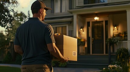 Delivery person carrying package to house at sunset
