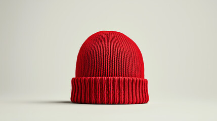 A close up product shot of a red beanie hat made of woven yarn against a plain background