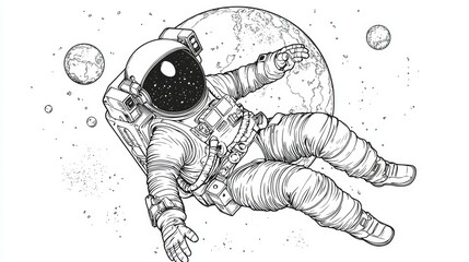 Astronaut in Space Surrounded by Planets and Stars Illustration