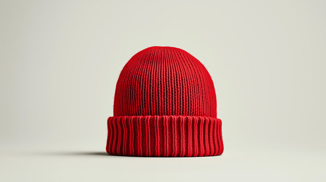 A close up product shot of a red beanie hat made of woven yarn against a plain background