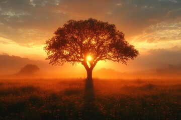 Obraz premium Golden Sunrise over Serene Texas Oak Trees in Fall Countryside Morning