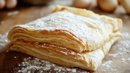 Sweet Pastry Delight: Layers of flaky, golden puff pastry filled with a creamy, dreamy filling, delicately dusted with powdered sugar. A tempting close-up shot perfect for food blogs, recipe websites.