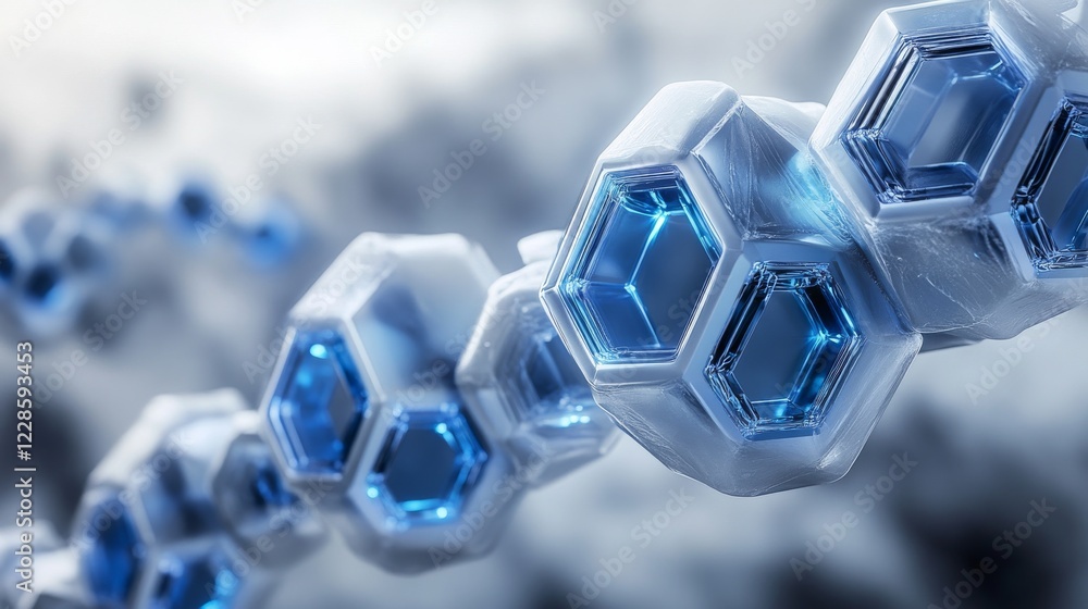 Poster abstract chain of glowing hexagonal crystal structures