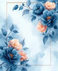 Wedding Invitation Design with Blue Roses Peonies and Eucalyptus Floral Frame