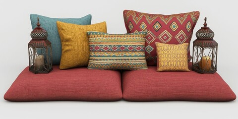 A cozy arrangement of colorful patterned pillows and decorative lanterns, creating a warm and inviting atmosphere.