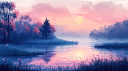Fototapeta premium Pink Sunset over Misty Lake: Serene landscape painting of a misty lake at sunset, with pink and blue hues dominating the sky and reflecting on the calm water. Trees line the shore.