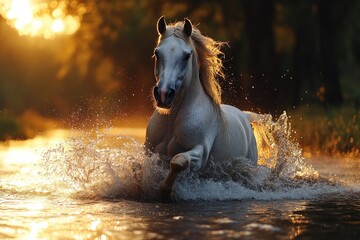 Majestic White Horse Splashing Water in Bright Summer Day Outdoors with Greens