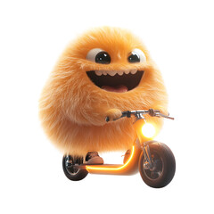 Fluffy 3D Cartoon Character Riding Scooter Isolated on Transparent Background