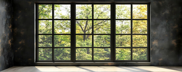 Room's large window; sunlit trees outside