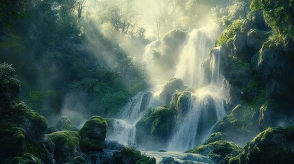 Obraz premium Misty waterfall cascading down mossy rocks in a lush forest; nature background