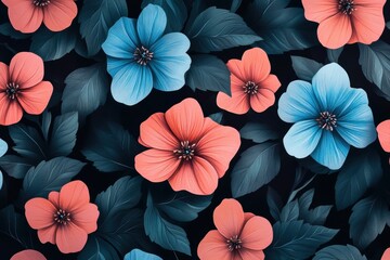 Obraz premium Vibrant coral and blue flowers bloom amongst lush, dark leaves. Perfect for designs needing a floral, botanical, or nature theme.