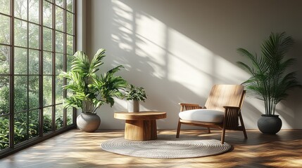 Minimalist living room with modern wooden chair round table and plant natural light Scandinavian design