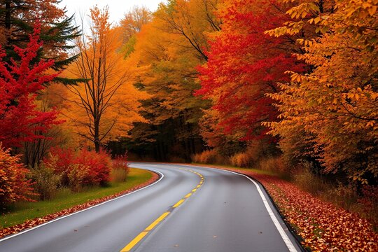 A serene paved road curves through a dense forest with vivid autumn leaves, creating a picturesque representation of fall's colorful beauty and tranquillity.
