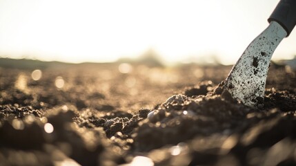 A close-up of a gardening tool digging into rich, dark soil under a bright sky.