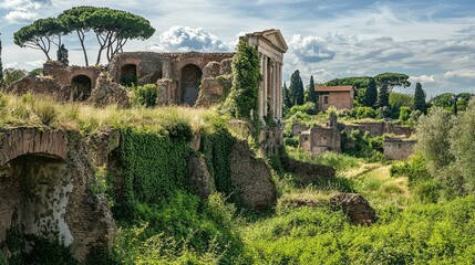 Fototapeta premium Ancient Ruins in a Lush Green Landscape with Blue Sky