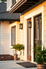 Luxury Home Entrance: Modern Architectural Design, Warm Sunset Lighting, Welcoming Facade, Cozy Exterior, Real Estate