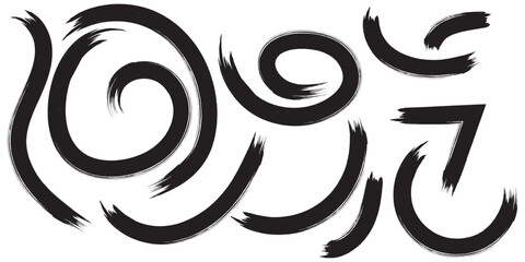 Fototapeta premium Collection various bold brush drawn arrows and squiggle lines. Hand drawn vector quirky spiral arrows and thick emphasis lines. Vector doodle marker symbols. Grunge curved brush strokes for collages.