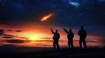 Fototapeta premium People Gazing at Shooting Star in Night Sky Over Scenic Landscape