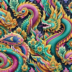 Fototapeta premium travel, temple, culture, religion, buddhism, sculpture, asia, art, architecture, design, gold, colorful, legend, ancient, thai, vibrant, snake, thailand, beautiful, dragon, decoration, golden, tourism