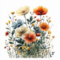 Watercolor Illustration of Autumn Wildflowers and Leaves with Delicate Pastel Colors and Symmetrical Design