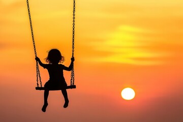 Shadow of child on swing with silhouette composition composition and sunset lighting on minimalist